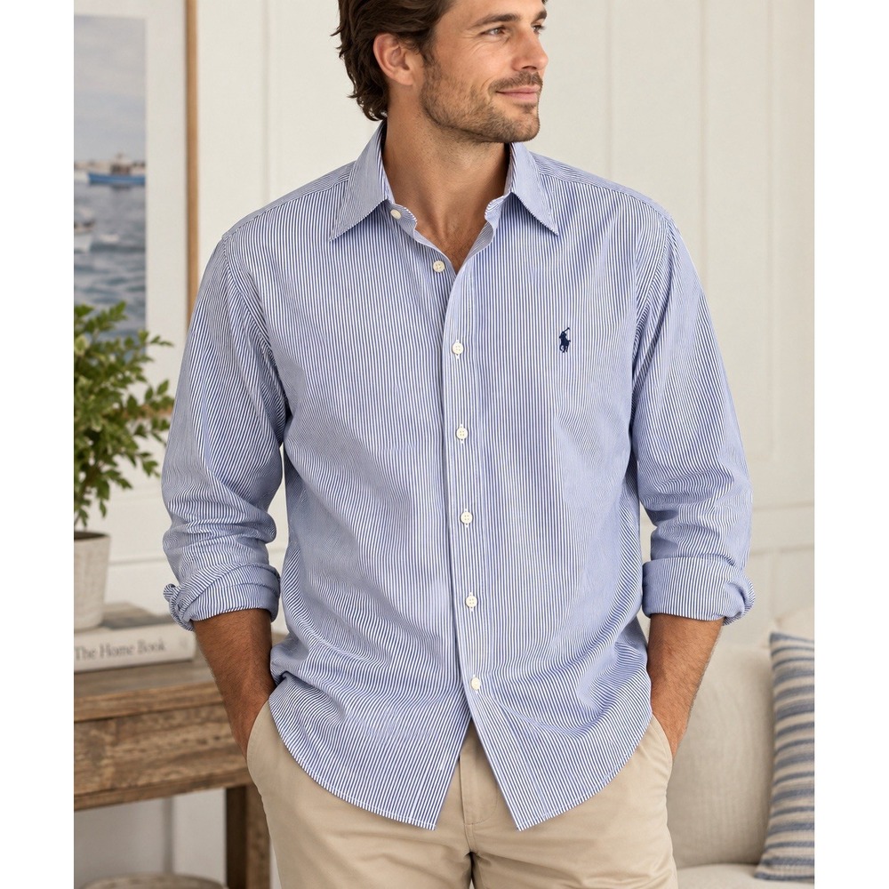 Ralph Lauren Blake Mens L Blue White Stripe Button Down Shirt Pony Long Sleeve